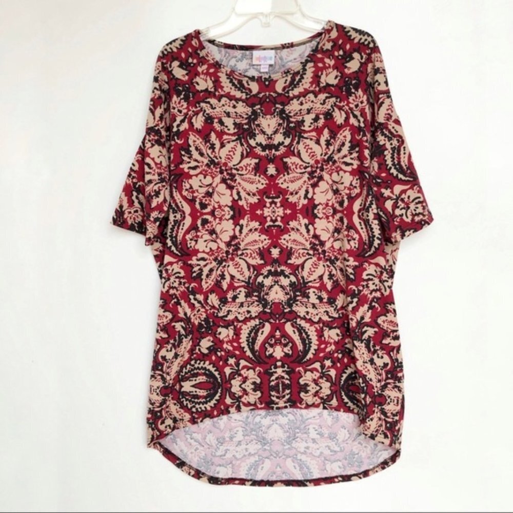 LuLaRoe Irma Tunic XXS Red Black Floral High Low Top Stretch